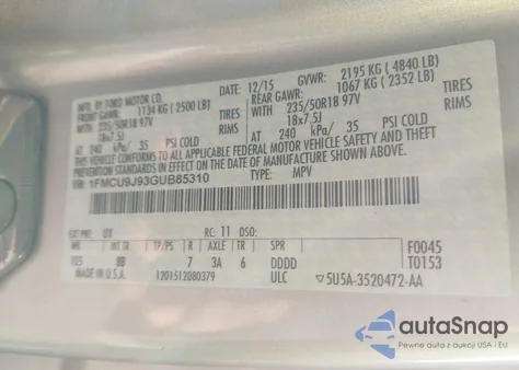 2016 Ford Escape Titanium из США, поврежденный, VIN 1FMCU9J93GUB85310